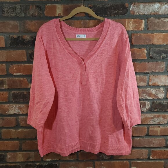 Croft & Barrow 3/4 Sleeve V-neck Henley Pullover Sweater in Pink Women's 2X - Picture 2 of 6